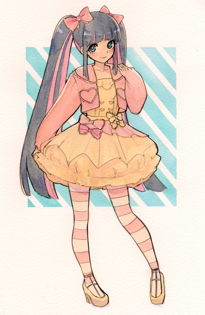1girl, absurdres, alternate_costume, alternate_hairstyle, blue_background, blunt_bangs, border, bow
