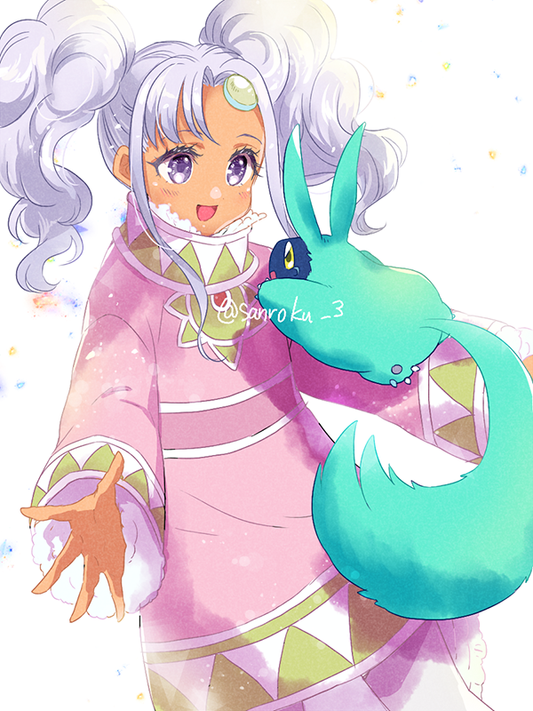 1girl, aqua_fur, asymmetrical_bangs, coat, cowboy_shot, creature, forehead_jewel, grey_eyes