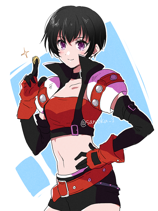 1girl, armor, belt, black_choker, black_gloves, black_hair, black_shorts, breasts, choker, closed_mouth, coin, cowboy_shot, crop_top, elbow_gloves, fingerless_gloves, gloves, hair_between_eyes, hand_on_own_hip, holding, holding_coin, light_blush, medium_breasts, midriff, navel, red_belt, red_gloves, red_shirt, rutee_katrea, sanroku_3, shirt, short_hair, short_shorts, shorts, shoulder_armor, smile, solo, strapless, tales_of_(series), tales_of_destiny, tube_top, twitter_username, violet_eyes