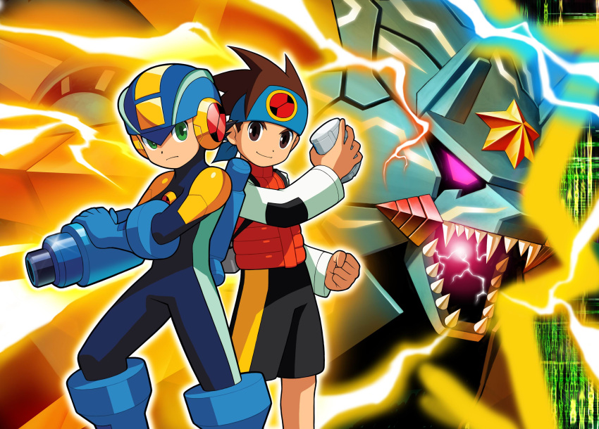 2boys, absurdres, archived_source, arm_cannon, artist_request, black_shorts, blue_bodysuit, blue_headband