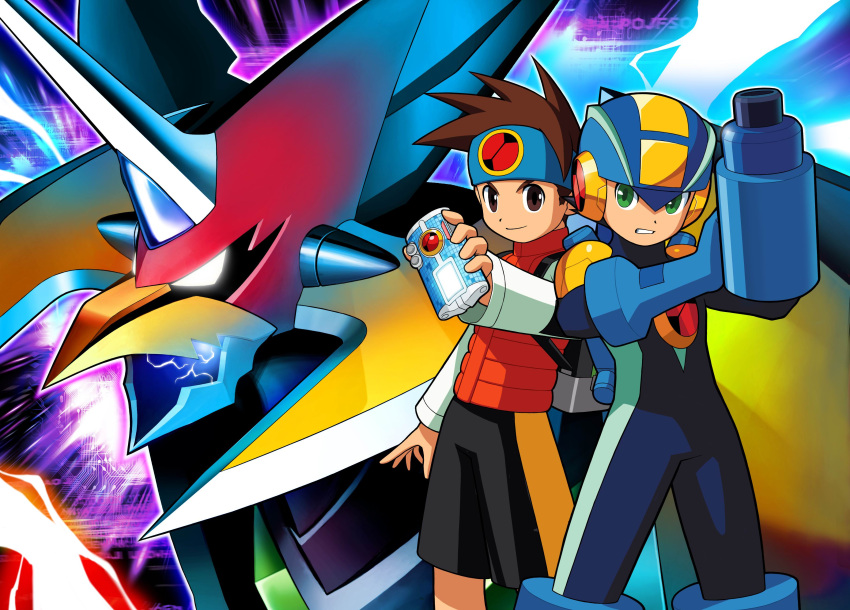 2boys, absurdres, arm_cannon, artist_request, bird, black_shorts, blue_bodysuit, blue_headband