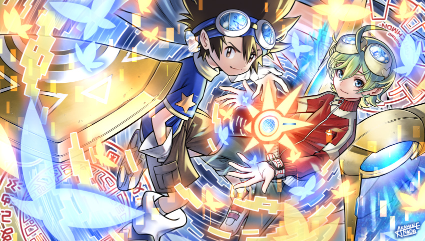 2boys, absurdres, agumon, ahoge, akamine_naoki, blue_eyes, blue_headband, blue_shirt
