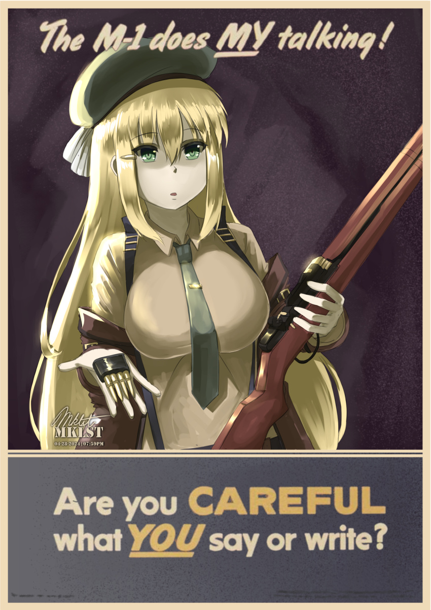 1girl, beret, blonde_hair, breasts, brown_shirt, clip_(weapon), en_bloc_clip, english_text, girls_frontline, green_eyes, green_hat, green_necktie, gun, hair_ornament, hairclip, hat, highres, holding, holding_clip_(weapon), holding_gun, holding_weapon, large_breasts, long_hair, m1_garand, m1_garand_(girls'_frontline), maikeruexe, necktie, poster_(medium), poster_parody, rifle, shirt, solo, weapon, world_war_ii