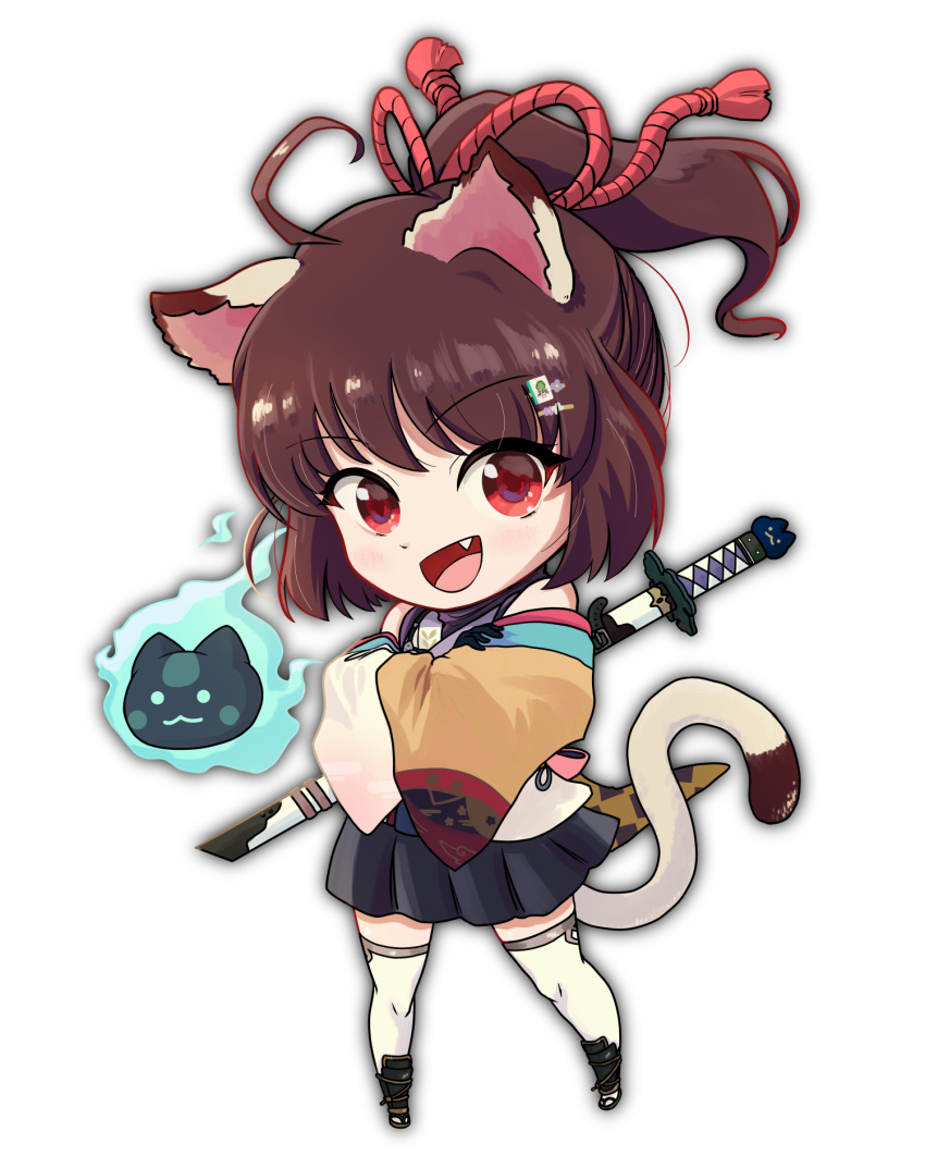 1girl, :3, :d, animal_ears, asymmetrical_sleeves, black_gloves, black_skirt, blue_fire, blush, brown_hair, cat_ears, cat_girl, cat_tail, chibi, commentary_request, crossed_arms, detached_sleeves, fang, fire, full_body, gloves, high_ponytail, highres, ichihime, katana, kotamika, looking_at_viewer, mahjong_soul, mahjong_tile_hair_ornament, medium_bangs, mismatched_sleeves, open_mouth, pleated_skirt, purple_shirt, red_eyes, red_rope, rope, shin_guards, shirt, short_hair, short_ponytail, simple_background, skirt, sleeveless, sleeveless_shirt, smile, solo, standing, sword, tail, thigh-highs, weapon, white_background, white_sleeves, white_thighhighs, yellow_sleeves