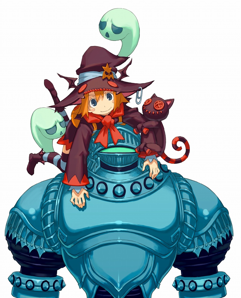 backpack, bag, doll, ghost, hat, long_sleeves, orange_hair, paper_clip, scarf, short_hair, simple_background, smile, witch_hat