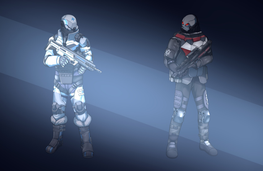 2boys, absurdres, armor, assault_rifle, black_footwear, codename:_bakery_girl, combat_helmet, english_commentary