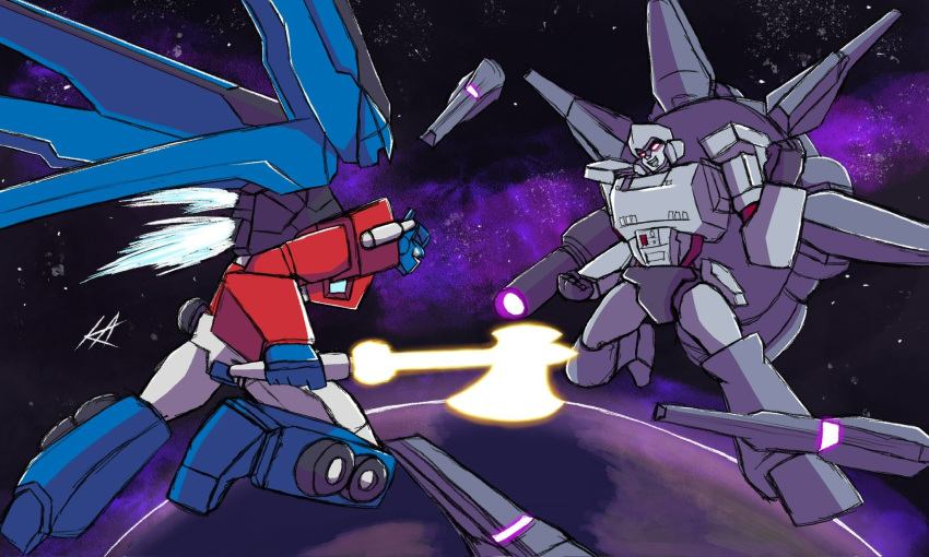 2boys, arm_cannon, artboiangelo, autobot, battle, beam_axe, beam_rifle, blue_eyes