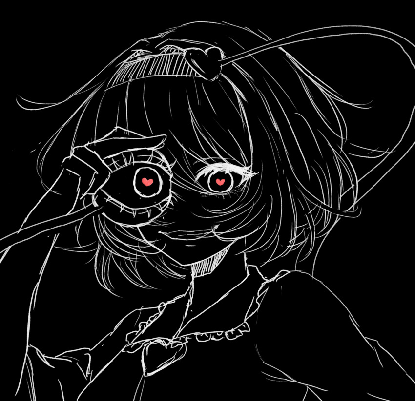 0002koko, 1girl, black_background, buttons, close-up, commentary, evil_smile, eyelashes