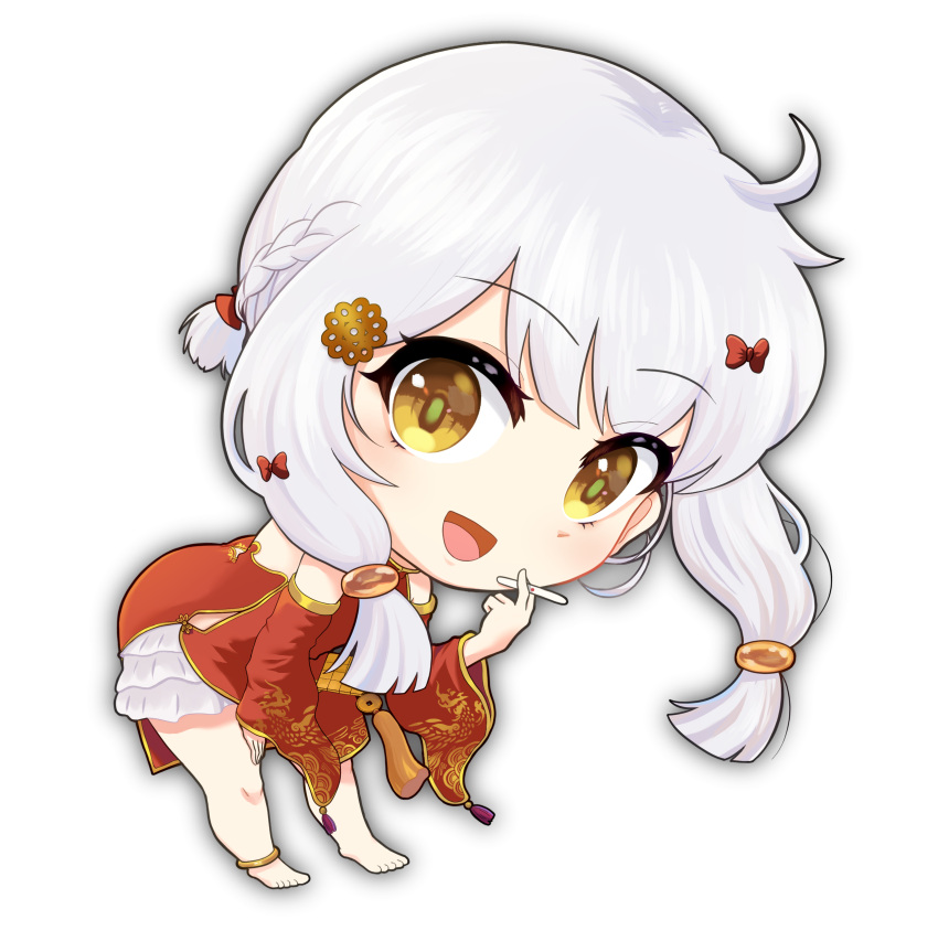 1girl, :d, absurdres, barefoot, blush, bow, braid, chibi