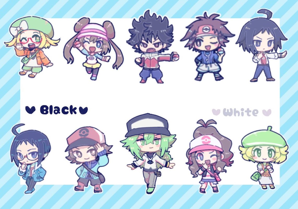 3girls, 5boys, ;d, ahoge, bag, bianca_(pokemon), black_bag, black_eyes