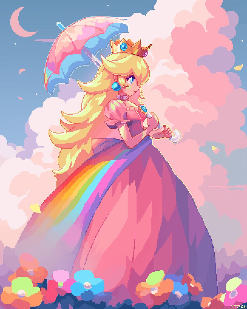 1girl, artist_name, blonde_hair, blue_eyes, blue_gemstone, choker, clouds, colorful