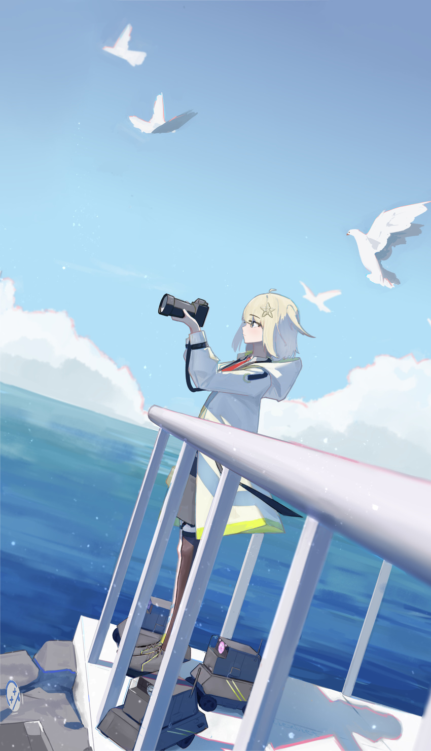 1girl, absurdres, arknights, bird, camera, chromatic_aberration, ciexbiet, clouds