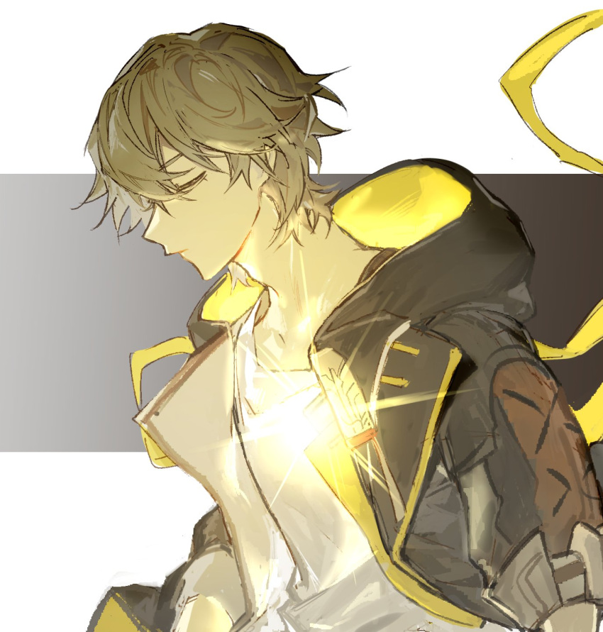 1boy, black_jacket, border, caelus_(honkai:_star_rail), closed_eyes, closed_mouth, english_commentary, grey_background