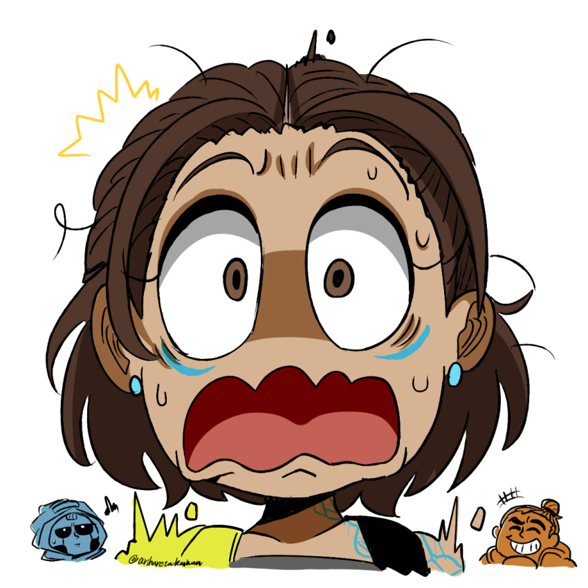 1boy, 2girls, ^_^, android, apex_legends, arihuretakunkun, ash_(titanfall_2), brown_eyes