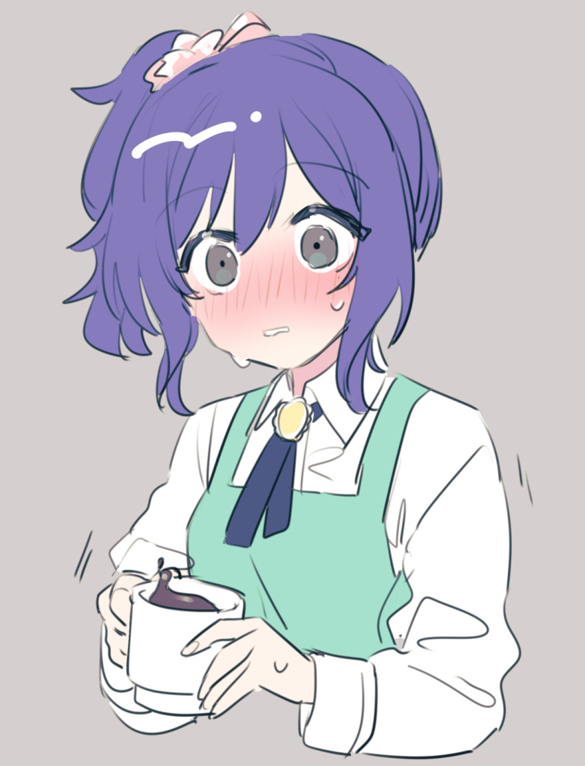 1girl, black_necktie, blue_dress, blush, bow, breasts, coffee, coffee_mug, collared_shirt, commentary_request, cup, dress, flustered, grey_background, grey_eyes, hair_bow, high_side_ponytail, highres, holding, holding_cup, kashii_kaoru, long_sleeves, looking_at_viewer, mahjong_soul, medium_bangs, mug, nanami_reina, necktie, nose_blush, pinafore_dress, pink_bow, purple_hair, shirt, short_hair, simple_background, sleeveless, sleeveless_dress, small_breasts, solo, upper_body, white_shirt, wide-eyed, yellow_brooch