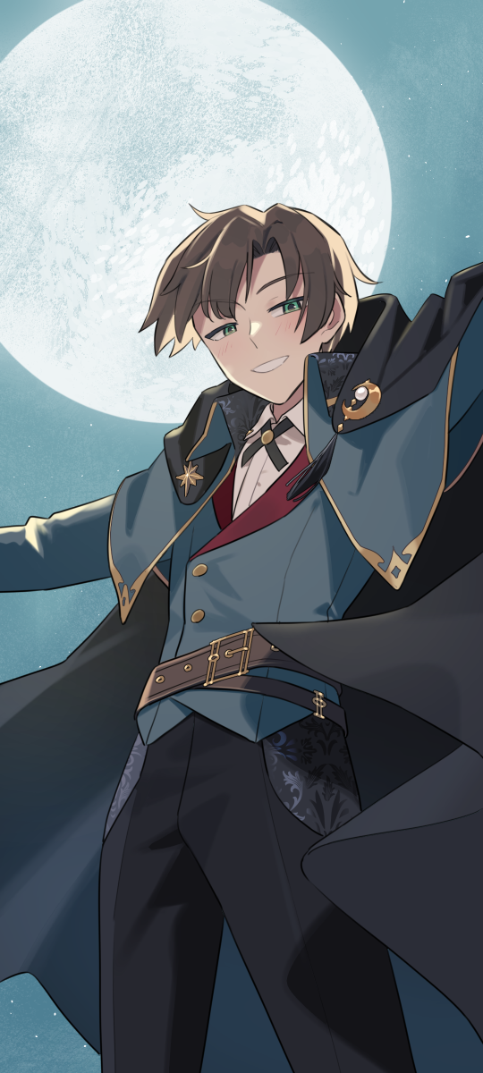 1boy, belt, black_cape, black_pants, blue_sky, brown_belt, brown_hair, buttons
