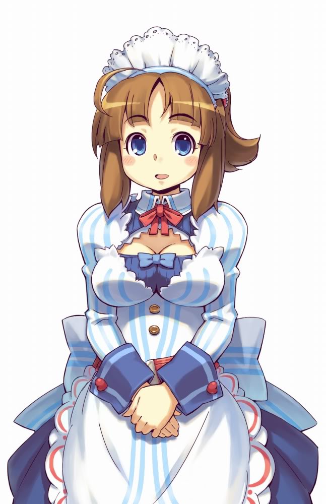 apron, blue_eyes, blue_roses, breasts, brown_hair, cleavage, cleavage_cutout, crea_(blue_roses)