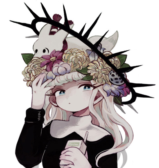1girl, animal, animal_on_head, blonde_hair, blue_eyes, clothing_request, commentary_request, drink