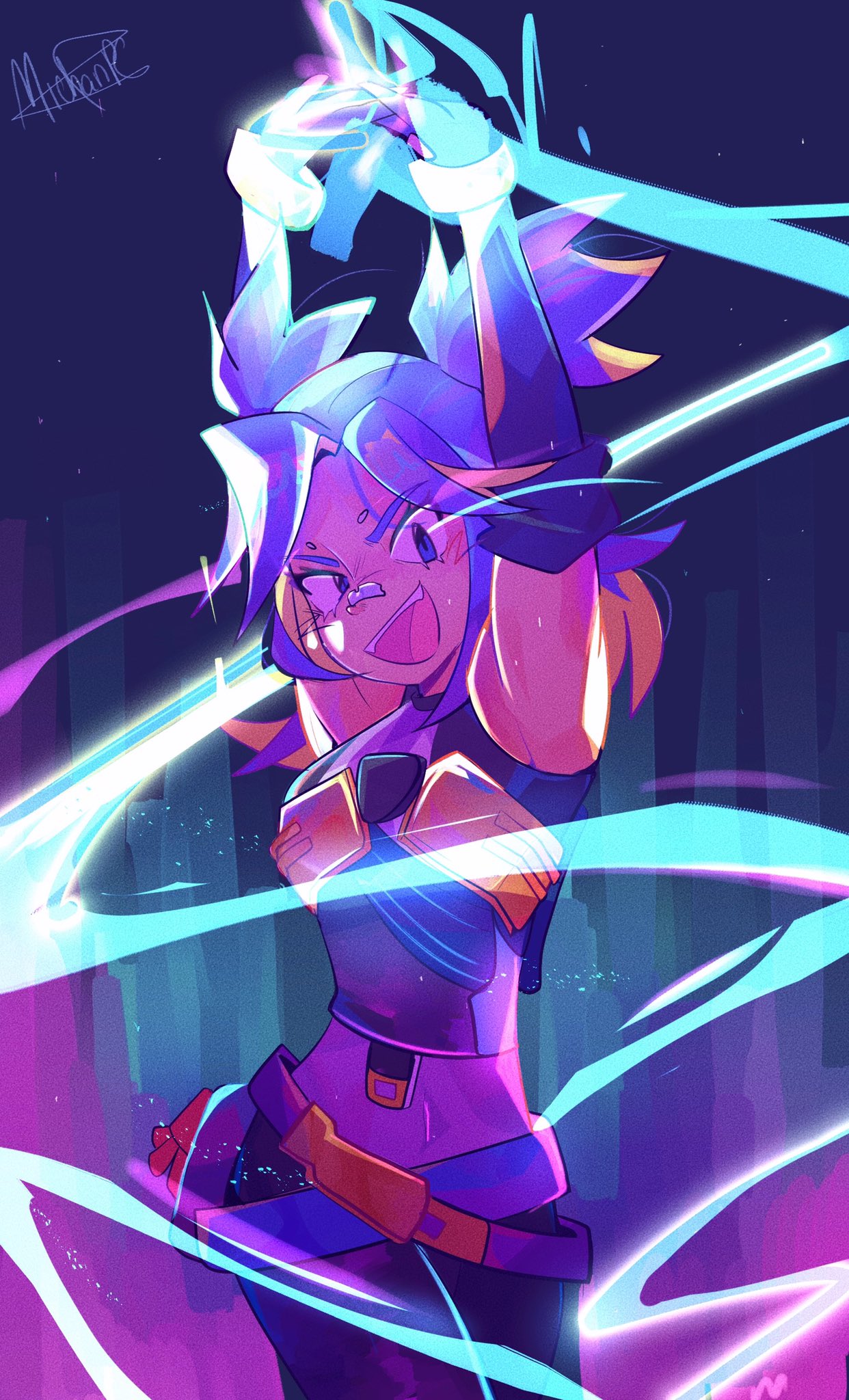 1girl, :d, armpits, arms_up, belt, black_pants, blue_eyes, blue_gloves