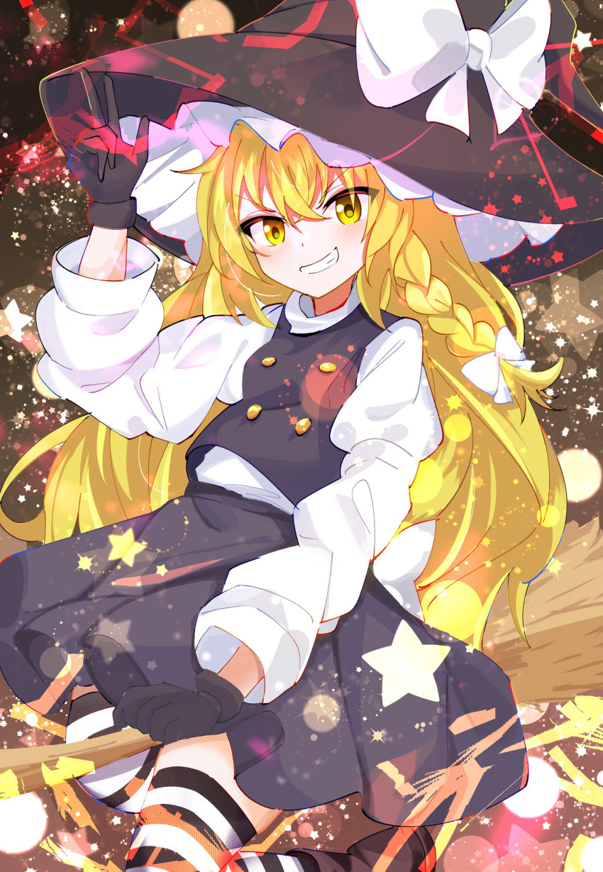 1girl, black_gloves, black_hat, black_skirt, black_vest, blonde_hair, blush, bow