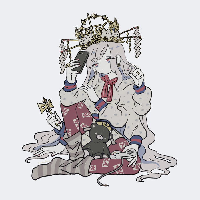 1girl, broken_cable, cable, cellphone, controller, earrings, extra_arms, full_body