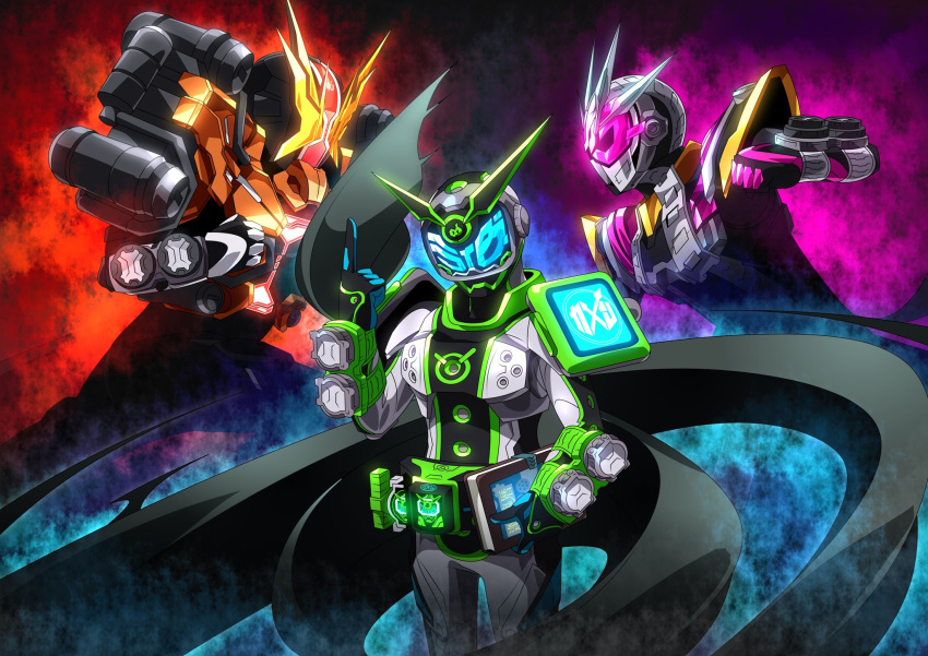 3boys, alternate_costume, armor, belt, beyondriver, black_armor, black_bodysuit, black_footwear