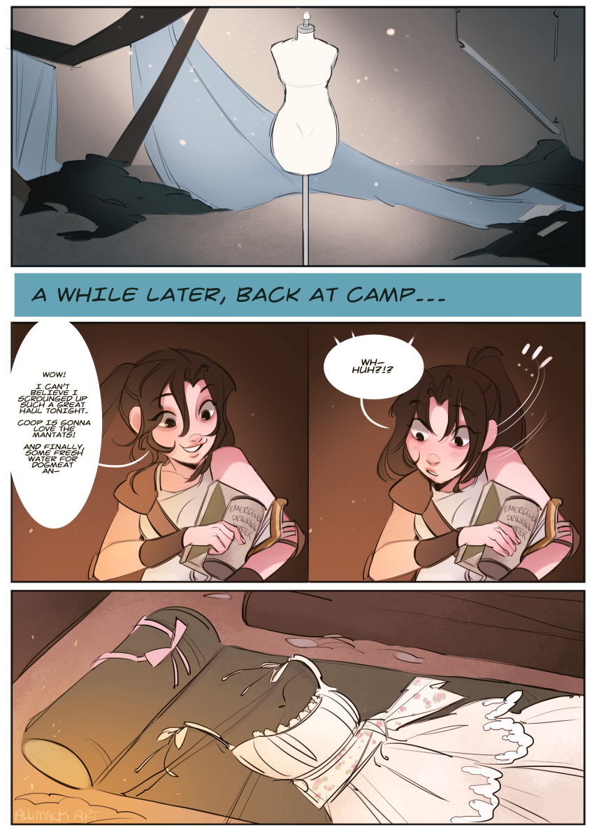 !, !!, 1girl, absurdres, allimack, black_eyes, black_hair, blush, bow, dress, elbow_pads, english_text, fallout_(prime_video), fallout_(series), highres, looking_down, lucy_maclean, parted_lips, pink_bow, shirt, sleeveless, sleeveless_shirt, smile, speech_bubble, surprised, white_dress