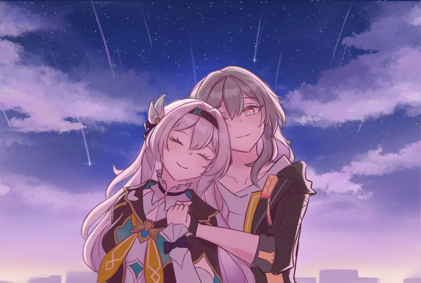 2girls, black_gloves, black_hairband, black_jacket, blush, bow, closed_eyes, closed_mouth, clouds, cloudy_sky, collarbone, commentary, couple, evening, facing_viewer, firefly_(honkai:_star_rail), gloves, grey_hair, hair_between_eyes, hair_bow, hair_intakes, hair_ribbon, hairband, hand_on_another's_chest, head_tilt, highres, holding_hands, honkai:_star_rail, honkai_(series), hood, hood_down, hooded_jacket, hug, hug_from_behind, jacket, long_hair, long_sleeves, looking_at_viewer, multiple_girls, neckerchief, night, night_sky, nuzzle, open_clothes, open_jacket, orange_neckerchief, ribbon, shirt, shooting_star, sidelocks, sky, skyztofu, sleeveless, sleeveless_shirt, smile, star_(sky), starry_sky, stelle_(honkai:_star_rail), trailblazer_(honkai:_star_rail), upper_body, white_bow, white_shirt, yellow_eyes, yuri