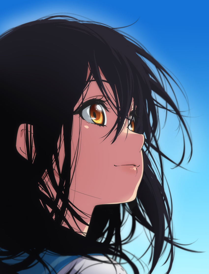1girl, black_hair, blue_background, blue_sailor_collar, brown_eyes, commentary, highres, himeragi_yukina, lips, long_hair, looking_ahead, nose, portrait, saikai_academy_school_uniform, sailor_collar, sano_keiichi, school_uniform, serafuku, smile, solo, strike_the_blood
