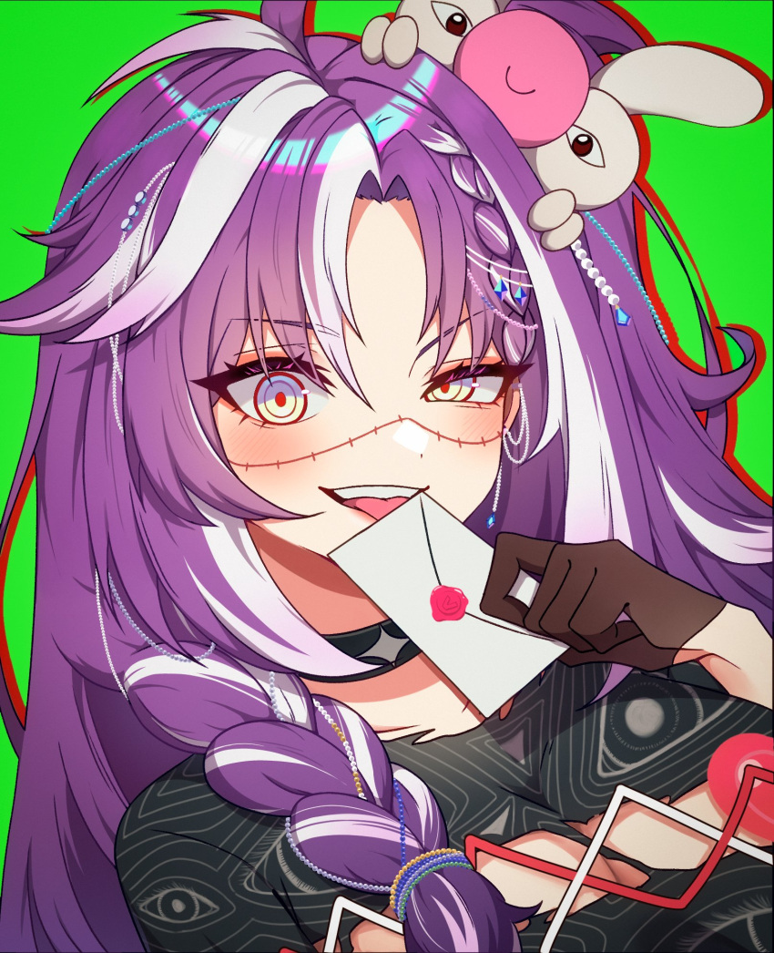 1girl, black_choker, black_gloves, black_shirt, choker, eye_print, gloves, green_background