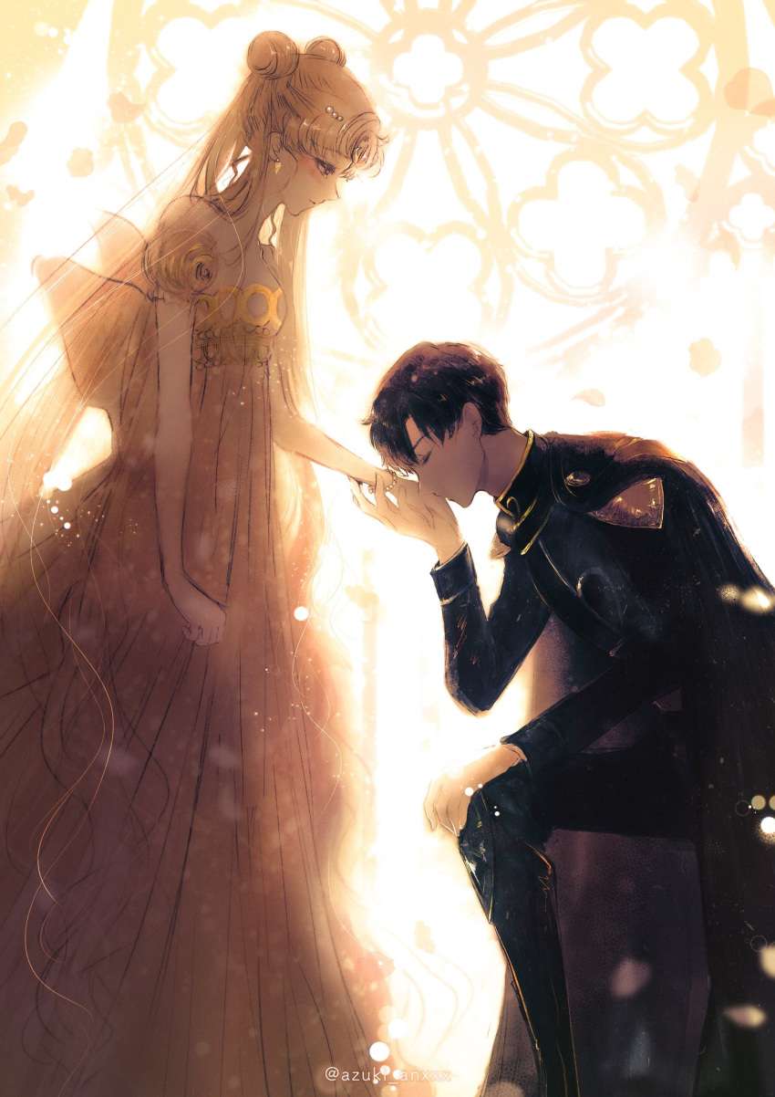 1boy, 1girl, back_bow, bare_shoulders, bishoujo_senshi_sailor_moon, black_hair, black_suit, blonde_hair, blush, bow, bracelet, breasts, closed_eyes, couple, detached_sleeves, dolcexxx, double_bun, dress, endymion_(sailor_moon), feet_out_of_frame, gold_trim, hair_bun, half-closed_eyes, hetero, highres, jewelry, kiss, kissing_hand, long_dress, long_hair, medium_breasts, military_uniform, on_one_knee, parted_bangs, pearl_bracelet, pearl_hair_ornament, princess_serenity, short_hair, sidelocks, suit, twintails, twitter_username, uniform, very_long_hair, white_dress