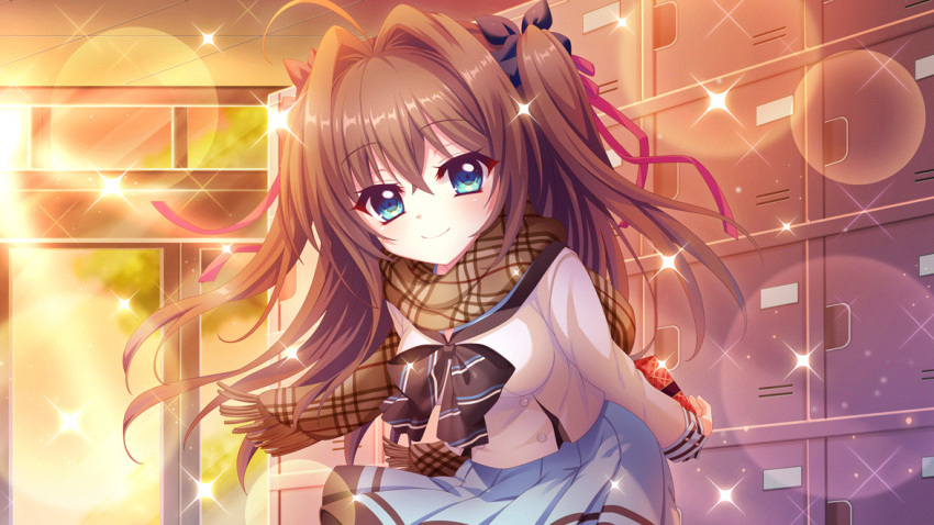 1girl, ahoge, arms_behind_back, black_bow, blue_eyes, blue_skirt, bow, box