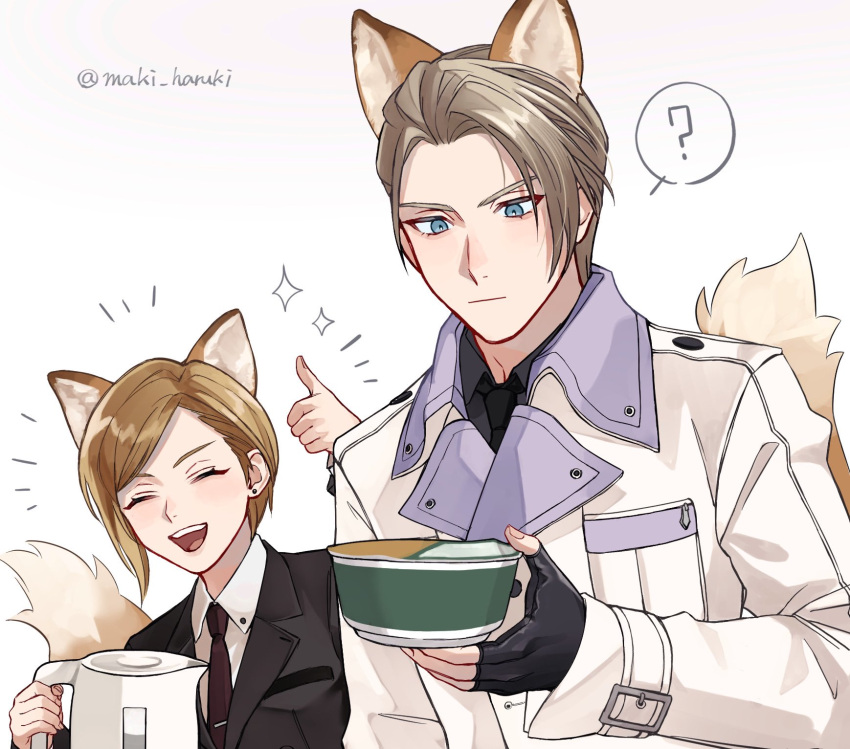 1boy, 1girl, ?, animal_ears, black_gloves, black_jacket, black_necktie, blonde_hair