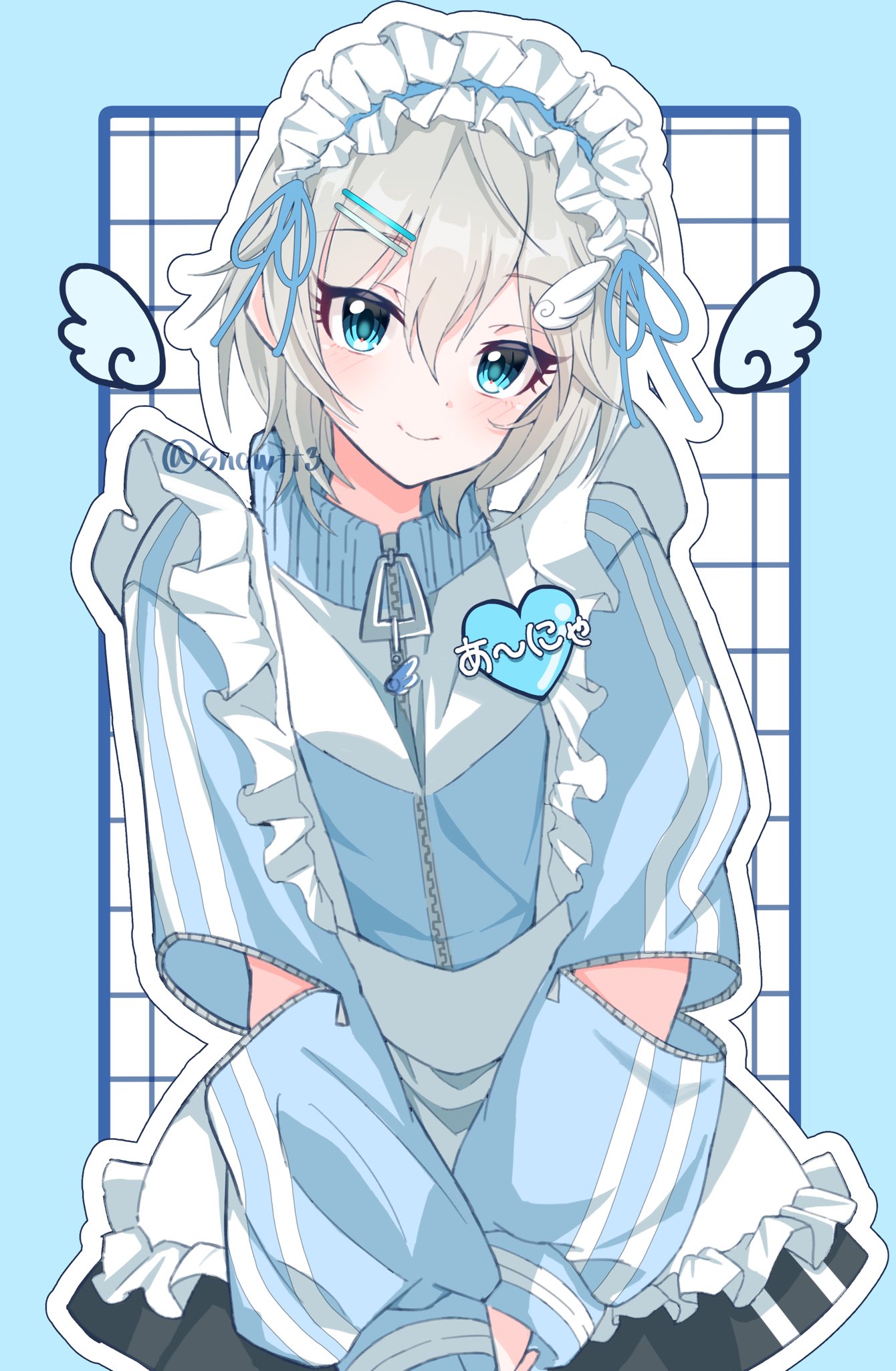 1girl, anastasia_(idolmaster), apron, black_skirt, blue_background, blue_eyes, blue_jacket, blue_ribbon, commentary, commentary_request, eyelashes, frilled_apron, frills, gpyz7575, grey_hair, hair_between_eyes, hair_ornament, hairclip, heart, highres, idolmaster, idolmaster_cinderella_girls, jacket, jersey, jersey_maid, light_blush, long_sleeves, looking_at_viewer, maid, maid_apron, maid_headdress, ribbon, short_hair, sidelocks, skirt, smile, solo, unconventional_maid, white_apron, wing_hair_ornament, zipper, zipper_pull_tab