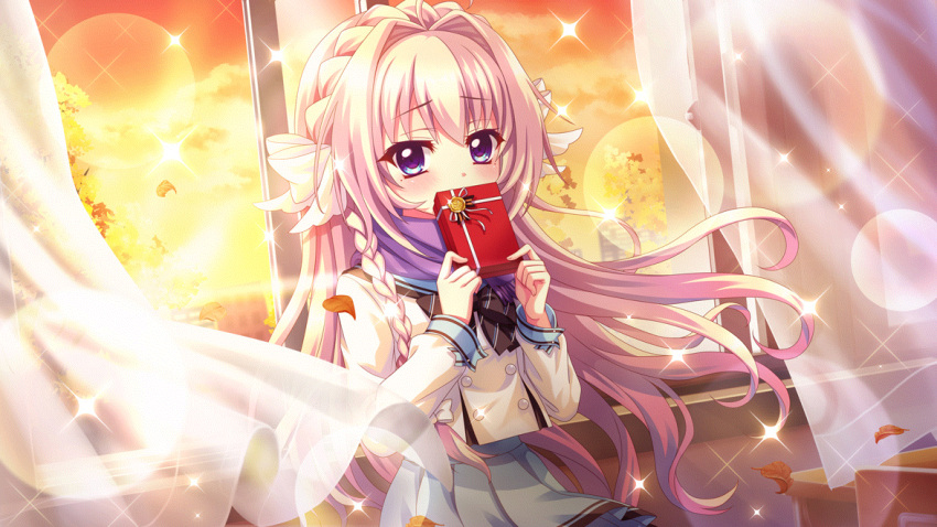 1girl, ahoge, black_bow, blonde_hair, blue_sailor_collar, blue_skirt, blush, bow