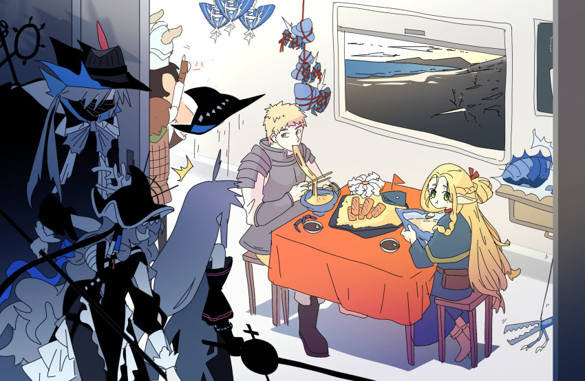 3girls, 4boys, arknights, beach, chilchuck_tims, cooking, crossover, dungeon_meshi