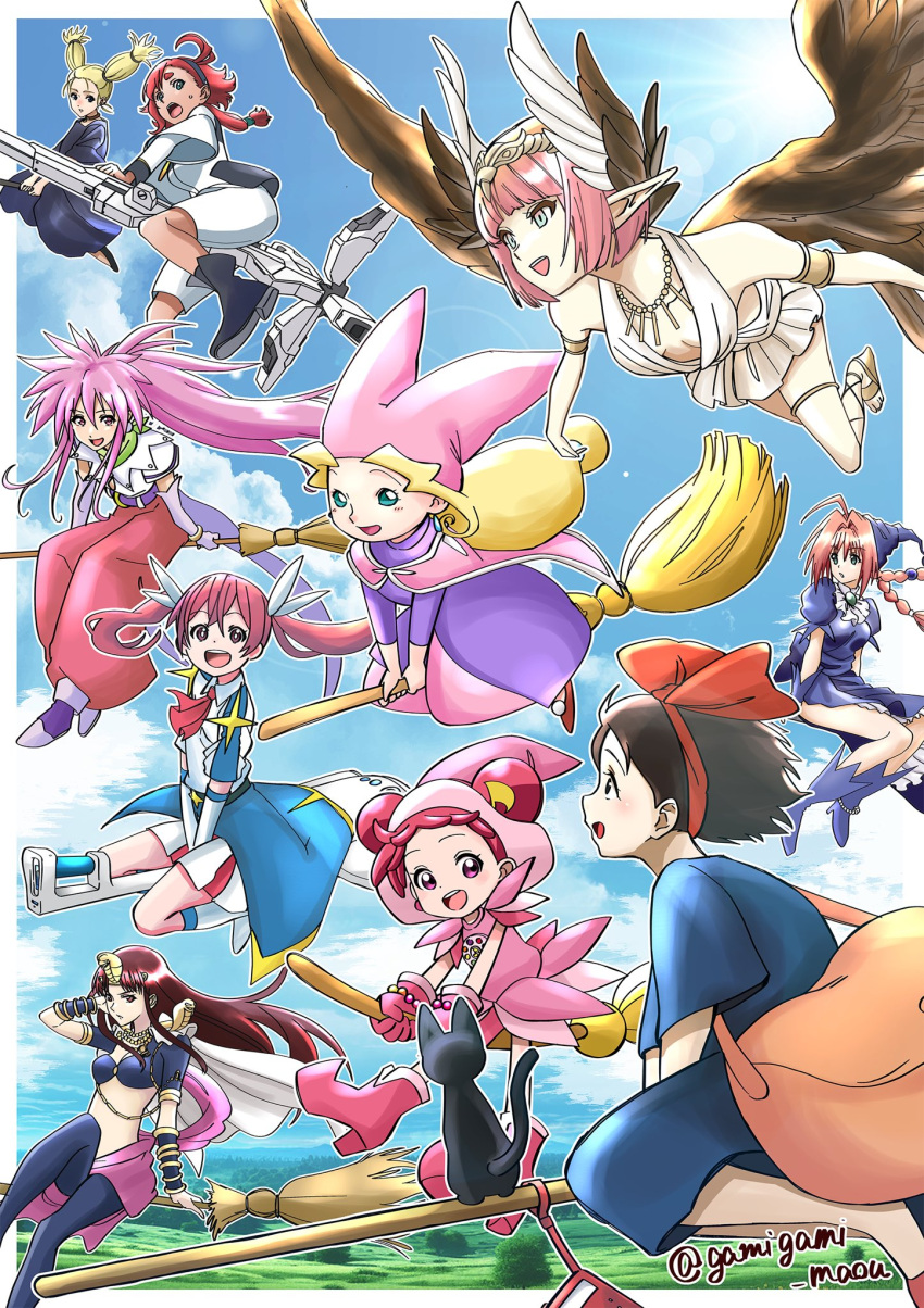 6+girls, ahoge, animal, arche_klein, asticassia_school_uniform, black_cat, black_dress, black_hair