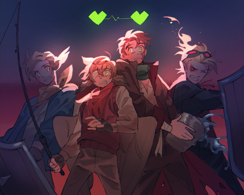 4boys, bandaged_arm, bandaged_head, bandages, bandana, blonde_hair, blue_jacket, brown_coat
