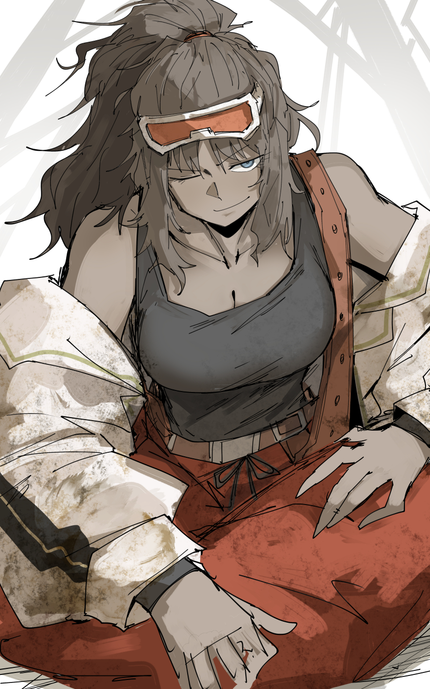 1girl, belt, black_tank_top, blue_eyes, brown_hair, dark-skinned_female, dark_skin, goggles