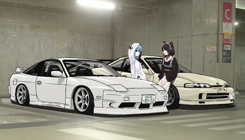 2girls, apron, blue_eyes, blue_hair, brown_eyes, brown_hair, brown_kimono, heterochromia