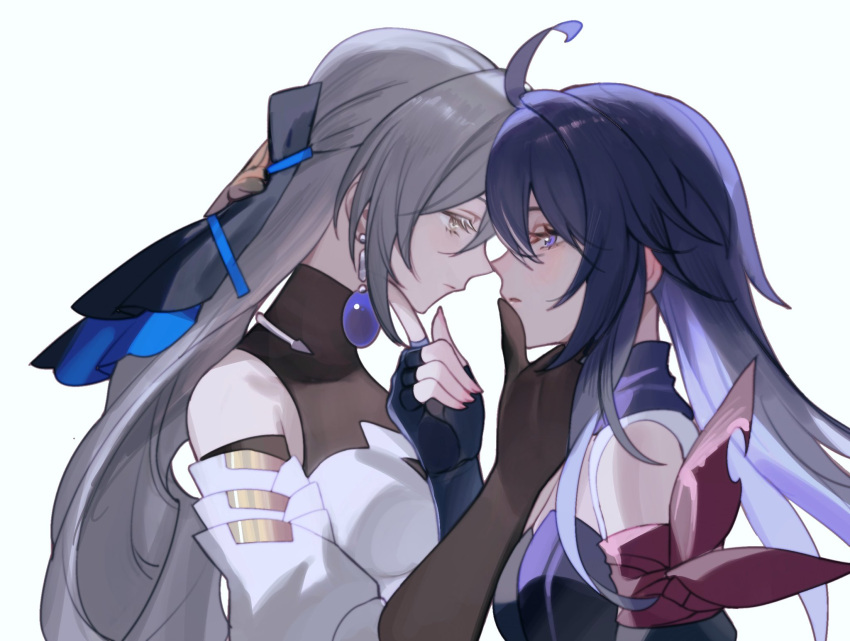 2girls, black_gloves, blue_background, bronya_rand, closed_mouth, commentary, detached_sleeves, dress