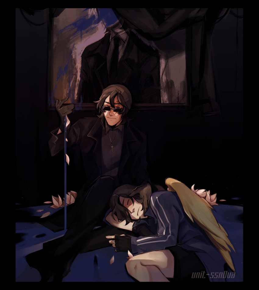 2boys, beanie, black_beanie, black_border, black_gloves, black_hair, black_hat, black_jacket