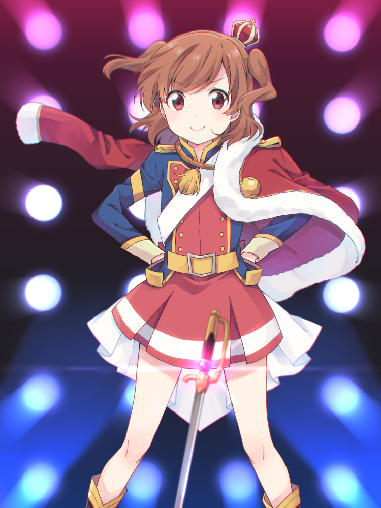 1girl, aijou_karen, backlighting, belt, blue_jacket, blue_sleeves, brown_eyes, brown_hair