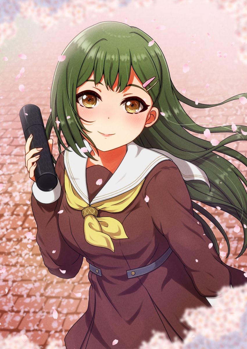 1girl, absurdres, blurry, blurry_background, blurry_foreground, blush, breasts, brick_road