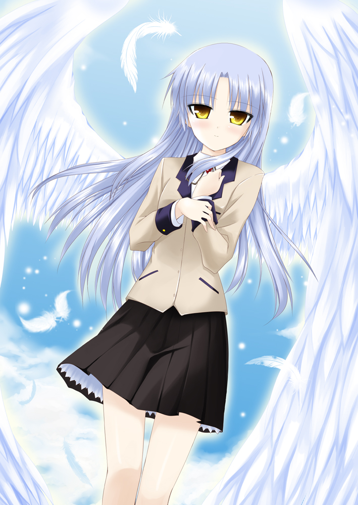 blazer, blue_hair, feathers, long_hair, makishima_rin, school_uniform, tachibana_kanade, wings