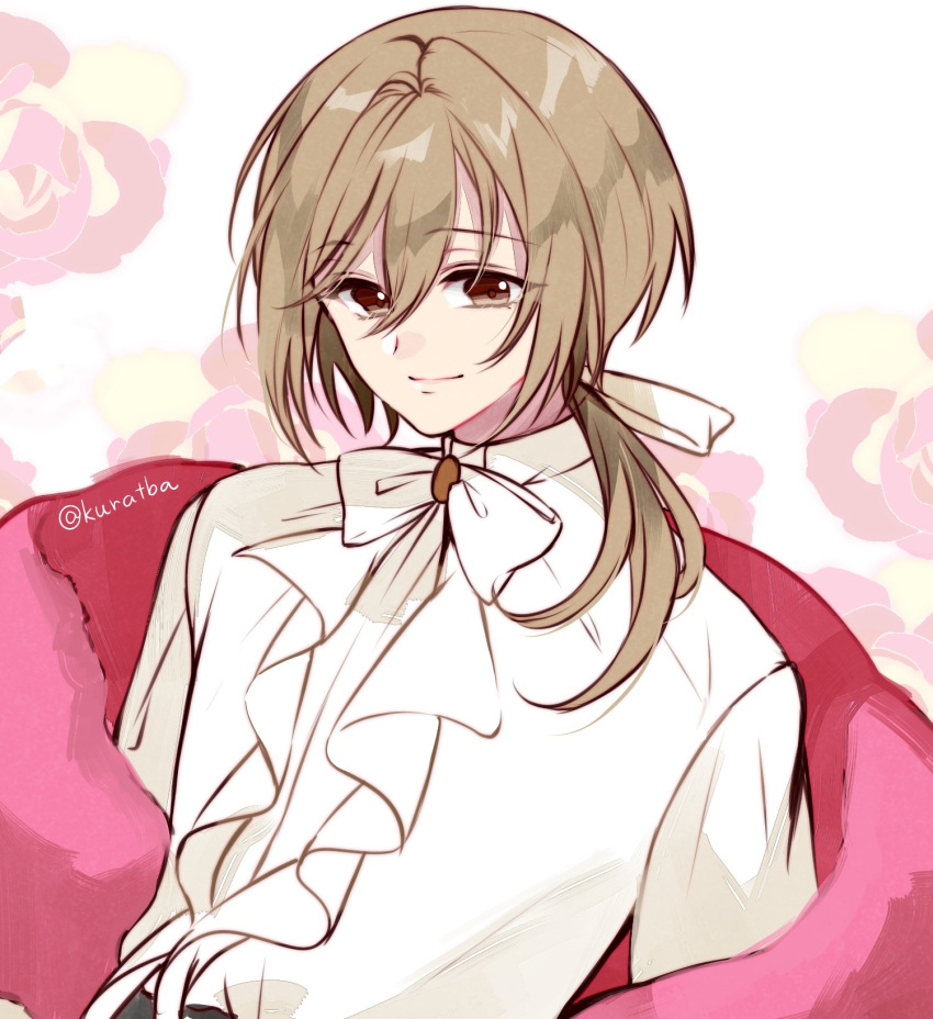 1boy, ascot, bow, bowtie, brooch, brown_eyes, brown_hair, closed_mouth