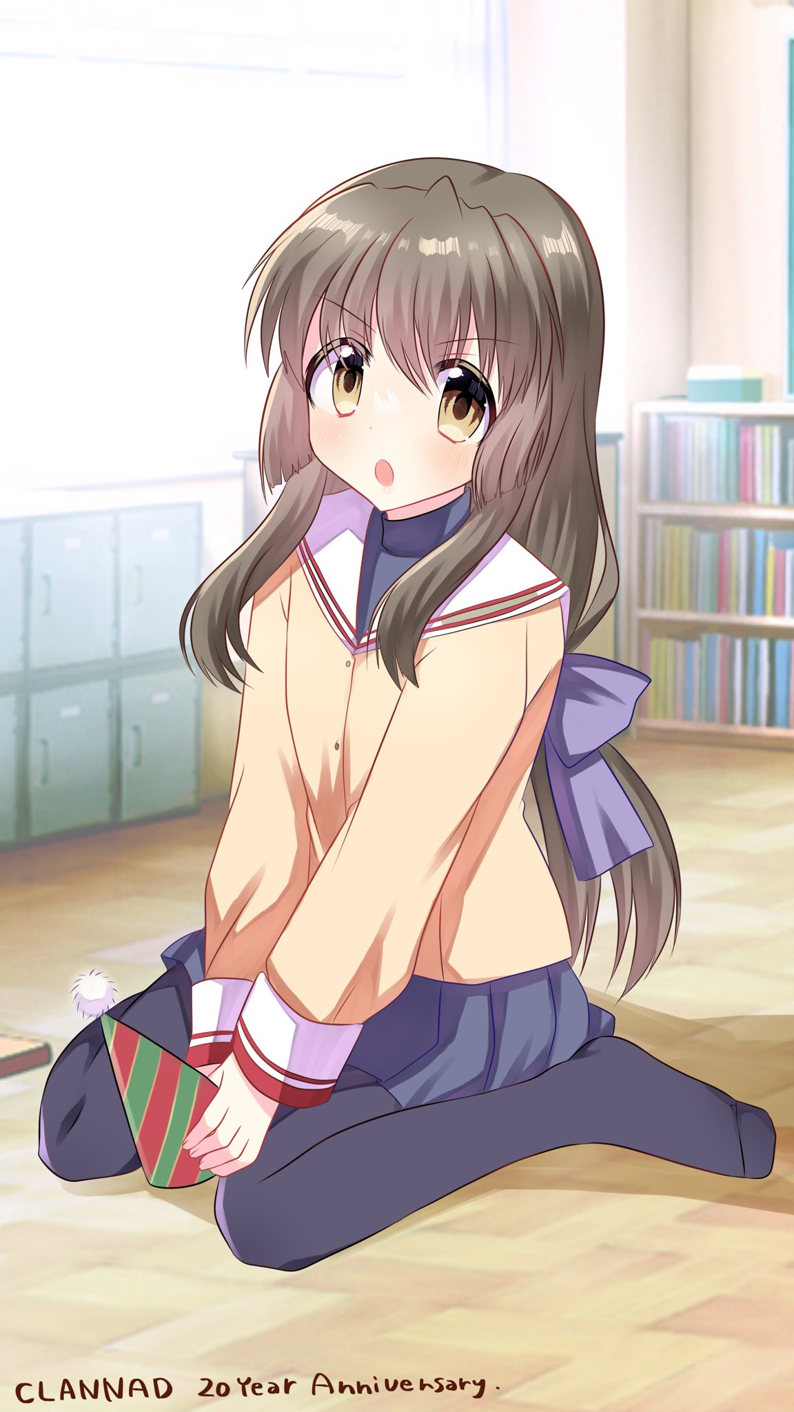 1girl, black_pantyhose, blue_skirt, bookshelf, brown_eyes, clannad, grey_hair, hat, highres, hikarizaka_private_high_school_uniform, ibuki_fuuko, indoors, jacket, kazemidori, long_hair, looking_at_viewer, low-tied_long_hair, pantyhose, party_hat, pleated_skirt, sailor_collar, school_uniform, sitting, skirt, solo, unworn_hat, unworn_headwear, wariza, white_sailor_collar, yellow_jacket