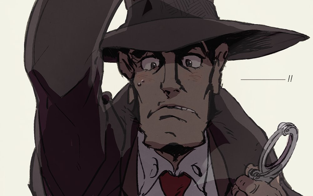 !, !!, 1boy, arm_up, biting_own_lip, black_eyes, blush, brown_coat, brown_hat, cleft_chin, coat, cuffs, eyelashes, fedora, handcuffs, hat, holding, holding_handcuffs, lupin_iii, lupin_the_third:_mine_fujiko_to_iu_onna, male_focus, necktie, nervous, nowit7hotter, red_necktie, shirt, sweatdrop, white_background, white_shirt, zenigata_kouichi