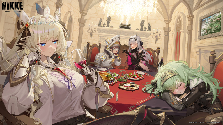 >_<, 4girls, absurdres, alcohol, artist_request, black_bodysuit, blonde_hair, blue_eyes, bodysuit, brown_hair, chandelier, chime_(nikke), closed_eyes, crossed_arms, crown_(nikke), crying, cup, drinking_glass, eating, feeding, fingerless_gloves, gauntlets, gloves, goddess_of_victory:_nikke, green_hair, grey_hair, hair_intakes, helmet, highres, holding, holding_cup, indoors, kilo_(nikke), long_sleeves, looking_at_viewer, modernia_(second_affection)_(nikke), multiple_girls, official_art, on_chair, open_mouth, plate, second-party_source, shirt, sitting, sleeping, smile, table, tarantula, white_shirt, wine, wine_glass, yellow_gloves