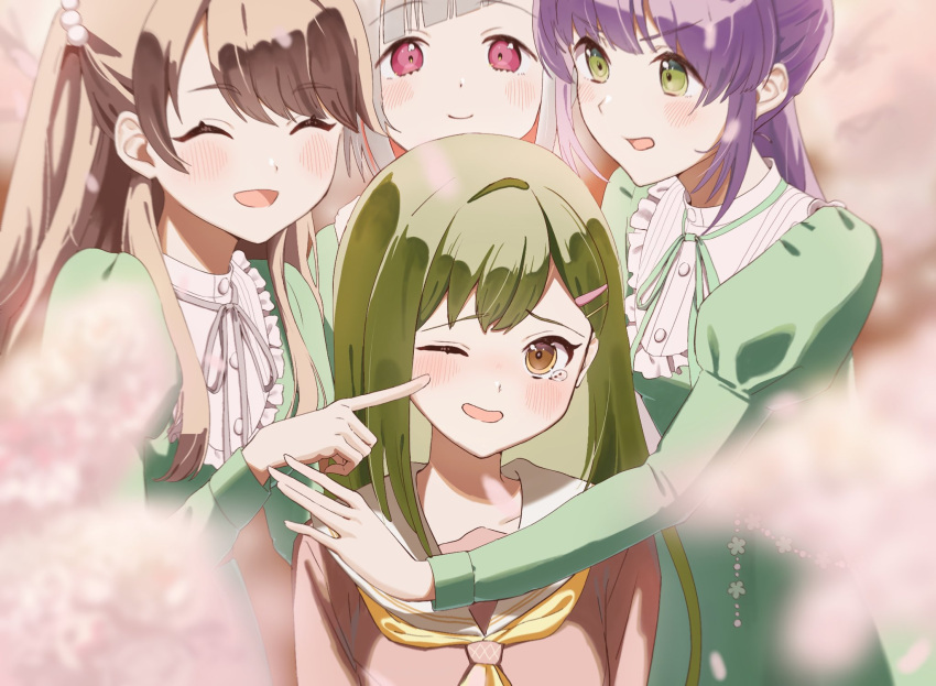 4girls, ^_^, blurry, blurry_foreground, blush, brown_dress, brown_eyes, brown_hair